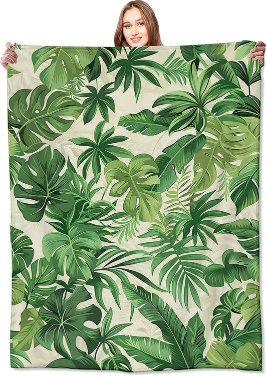 Tropical Green Leaves Blanket Lush Botanical Leaf Throw Blankets with Plant,Birthday Gifts for Girls Women & Nature Lovers,Lightweight Soft Fleece,for Sofa Couch Bed Room Decor 60x80in