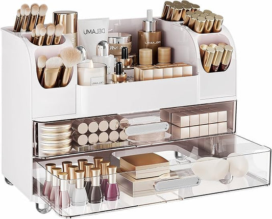Delamu Large Makeup Organizer Countertop with 6 Brush Holders, Makeup Organizers for Vanity with 2 Large Drawers, Easy to Store Skincare, Lipsticks, Nail Polishes, Perfumes, Eyeshadow Palettes, White
