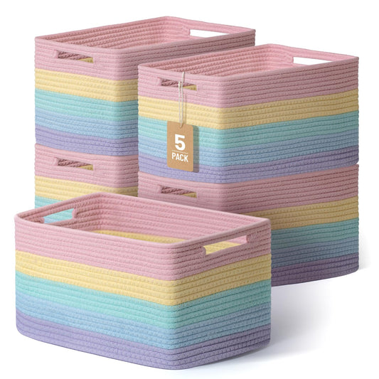 Yilobi 5 Pack Rainbow Woven Storage Baskets for Shelves, Decorative Toy Baskets Organizer for Kids Room, Nursery, Playroom, Classroom – Colorful Cotton Rope Toy Storage Bins for Organizing & Decor