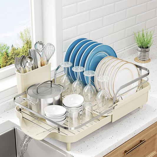 SNTD Dish Drying Rack, Expandable Dish Rack for Kitchen Counter, Stainless Steel Dish Drainer with Drainboard Set and Utensil Holder (Beige)