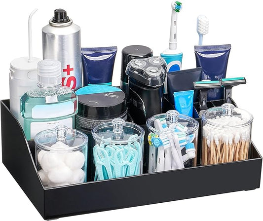 Vtopmart 5 PCS Bathroom Countertop Organizer, 1 Divided Tray with 4 Qtip Holder Jars, Restroom Clear Organizers for Toothbrush, Cotton Pads Balls, Floss, Bathroom Vanity Accessories Storage Set, Black