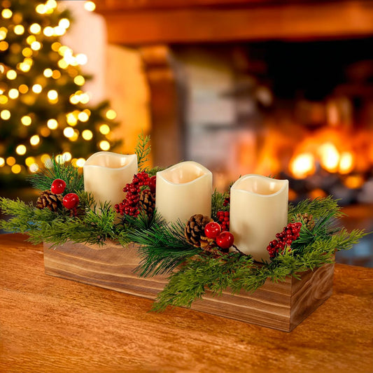Regine Switzerland Christmas Table Centerpiece - 3 Flameless LED Candles with Pine Cones & Red Berries | Rustic Wood Holders for Holiday Dining & Xmas Party Decor