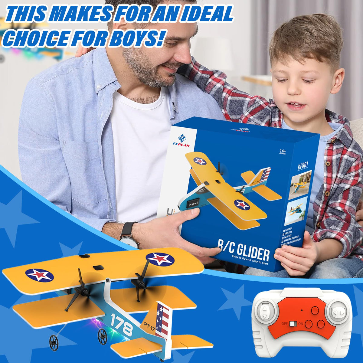 Toileum RC Plane, 2.4Ghz Remote Control Airplane with 3 Batteries & 6-axis Gyro Stabilizer, 2 Channel RTF PT-17 RC Toy, Easy to Fly for Beginners Kids Boys Girls Adults (Yellow)