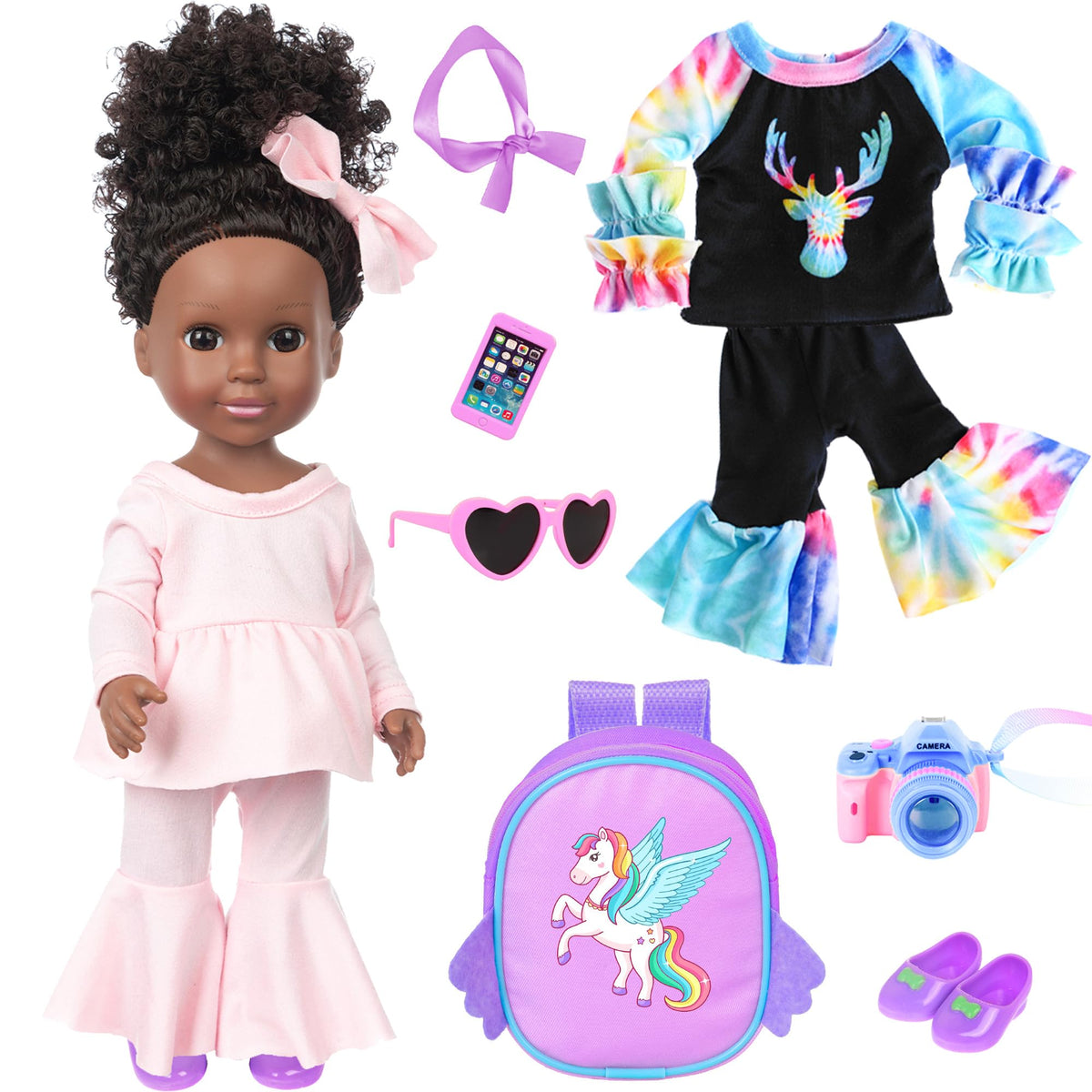 iBayda 14.5 Inch African-American Silicone Baby Doll - Realistic Black Girl Doll with 2 Outfits, Shoes, Backpack, Camera, Glasses & Phone Accessories (Washable)