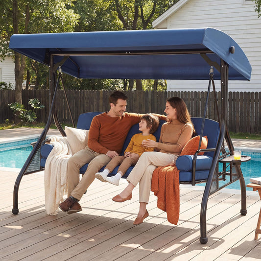 3 Seat Outdoor Porch Swing with Adjustable Canopy,2 in 1 Patio Swing Bed with Stand 800lbs for Adults,Outdoor Swing with Removable Cushion, Cup Holder ＆ Pillow for Backyard, Porch, Garden