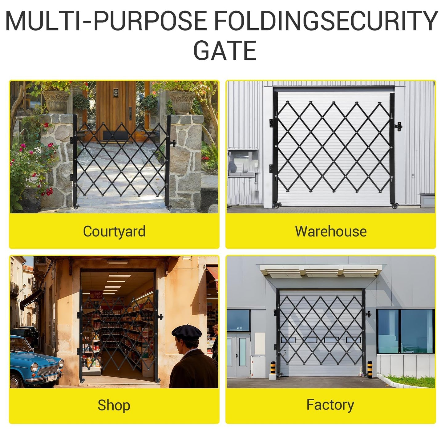 Single Folding Security Gate – 63.4" H × 70" W, Heavy-Duty Steel Scissor Gate with 360° Casters, Lockable Retractable Barricade for Courtyards, Garages, Pools & Gardens
