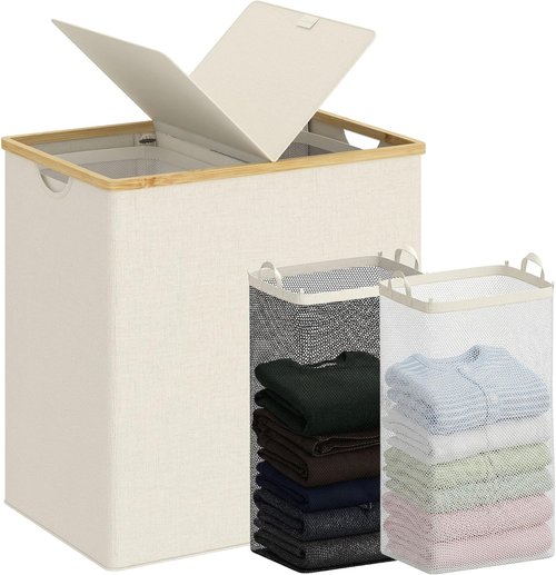 Efluky Laundry Hamper - Double 2-Section Basket with Lid & Removable Bags - 140L Beige