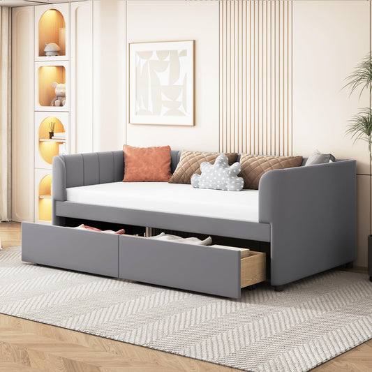 Bellemave Twin Size Daybed with 2 Storage Drawers & Upholstered Ergonomic Design Backrest,Velvet Day Bed Wood Slats, Modern Space Saving Sofabed for Bedroom,Living Room, Easy Assembly (Gary)