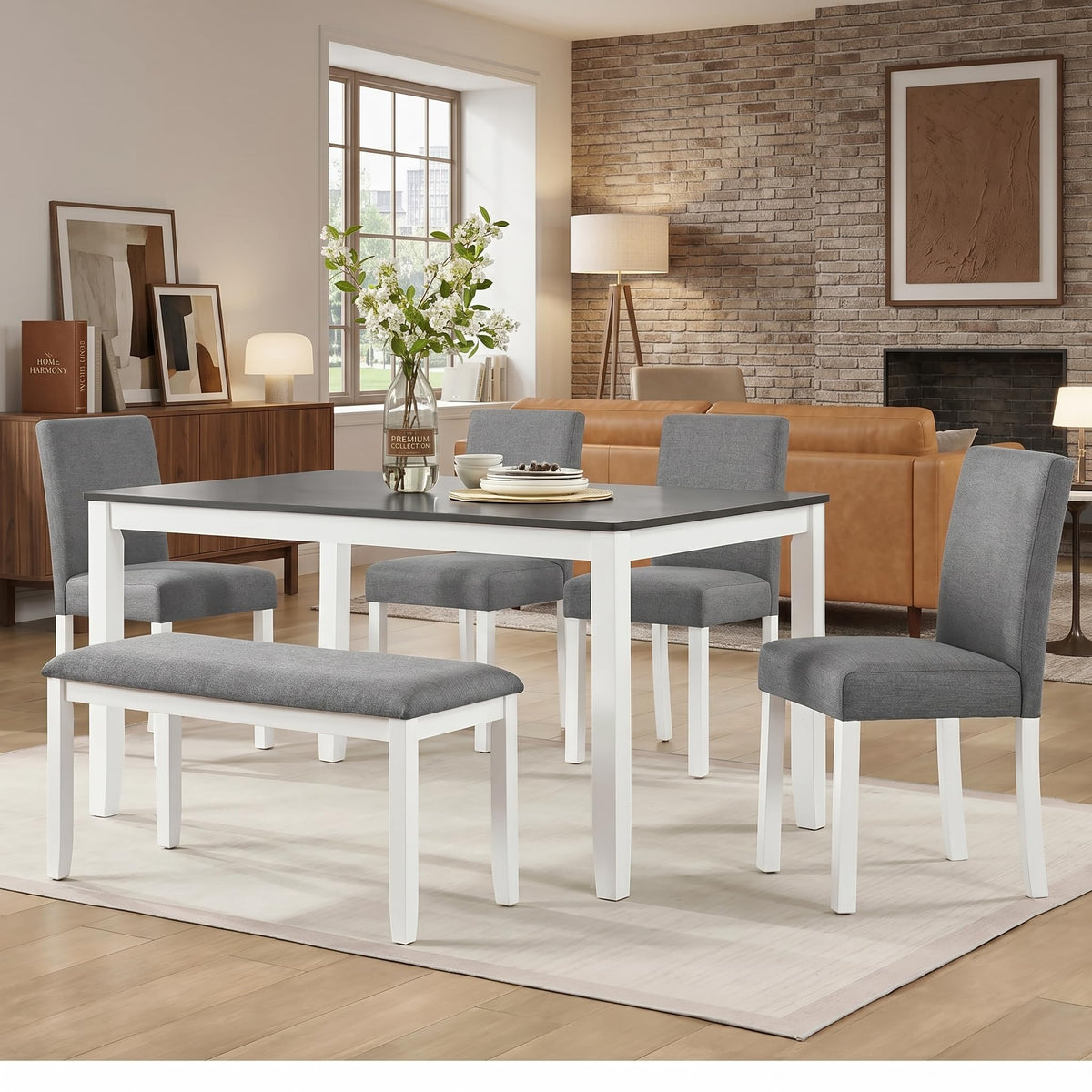 Casaphoria 6-Piece Dining Table Set with Bench and 4 Upholstered Chairs, Modern Wood Kitchen Table Set for 6, Grey & White Two-Tone Furniture for Dining Room, Small Spaces, Family Breakfast & Parties