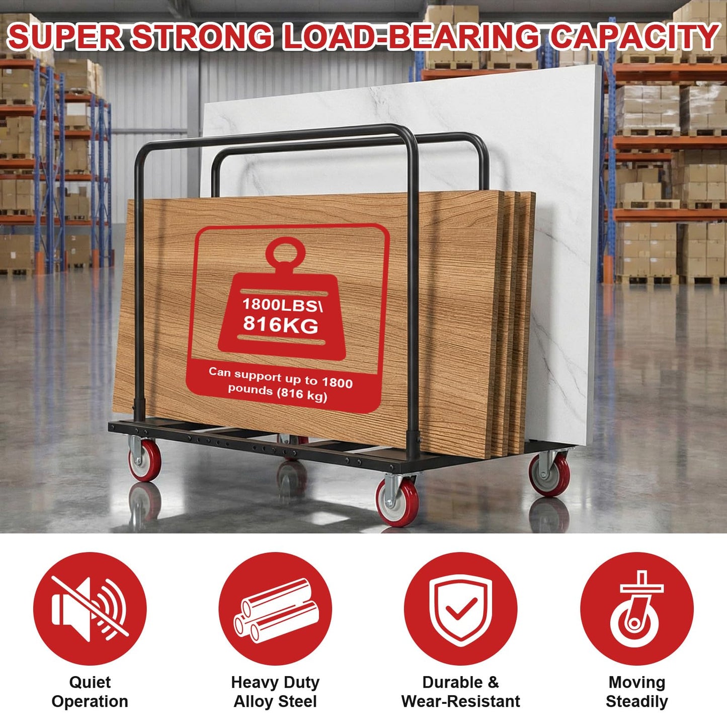 1800 LBS Table Cart Folding, Heavy Duty Chair Cart with PU Swivel Wheels, Black Drywall Dolly Carts for Party, Factory, Wood, Drywall, Warehouse