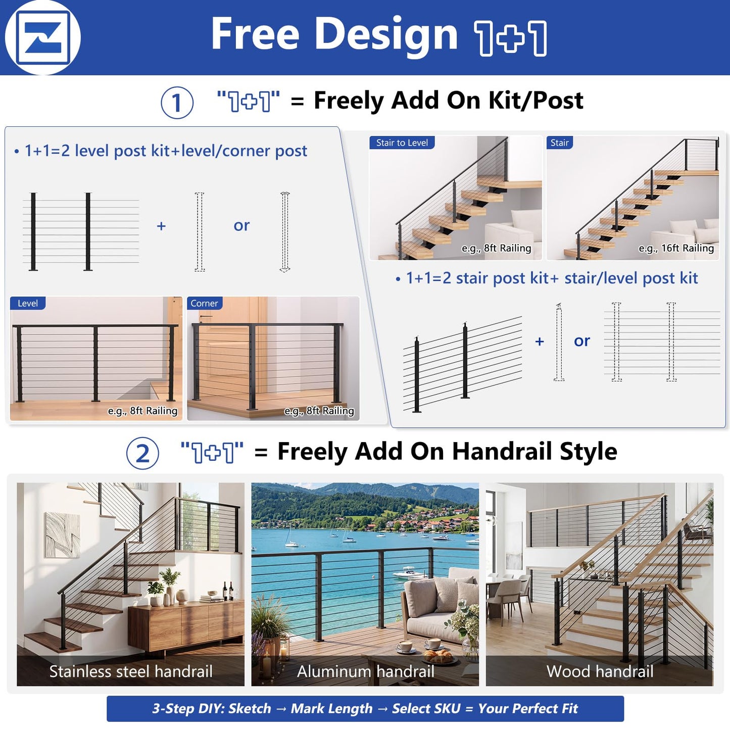 Zylorix 36" T304 Cable Railing Post(Post 35"x2"x2"), Level Drilled Railing Post with Cable Grommets, Modular Fixed Top Mount Cable Handrail Post, Stainless Steel Black Finish Indoor Outdoor Deck Post