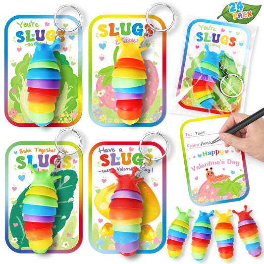 Valentine's Day Cards For Kids School, 24Pack Valentine's Day Cards for Kids With Fidget Slug Keychain,Valentines Day Gifts for Kids Classroom Exchange, Party Favors School Activities Prizes Rewards