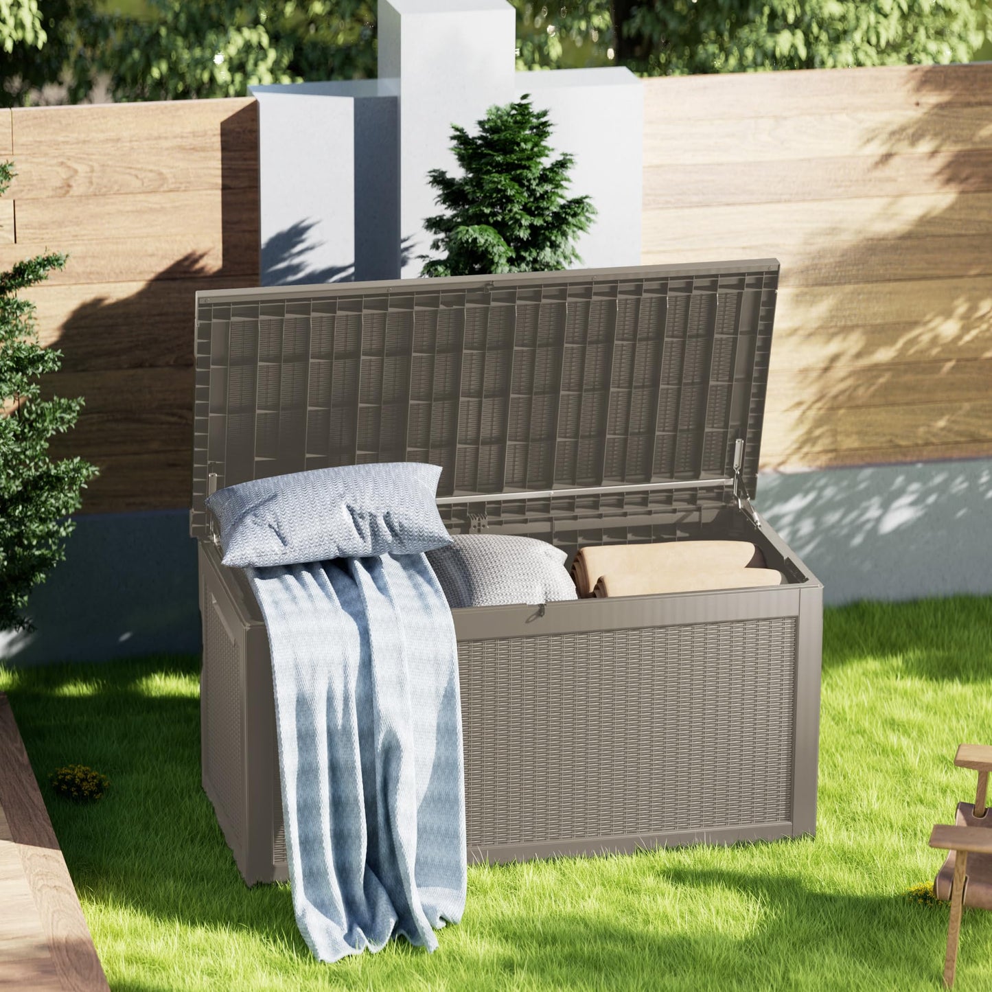 TARKARI 320 Gallon Lockable Resin Deck Box, Waterproof & UV-Resistant Outdoor Storage Box for Outdoor Cushion Storage, Garden Tools & Pool Accessories Storage, Gray