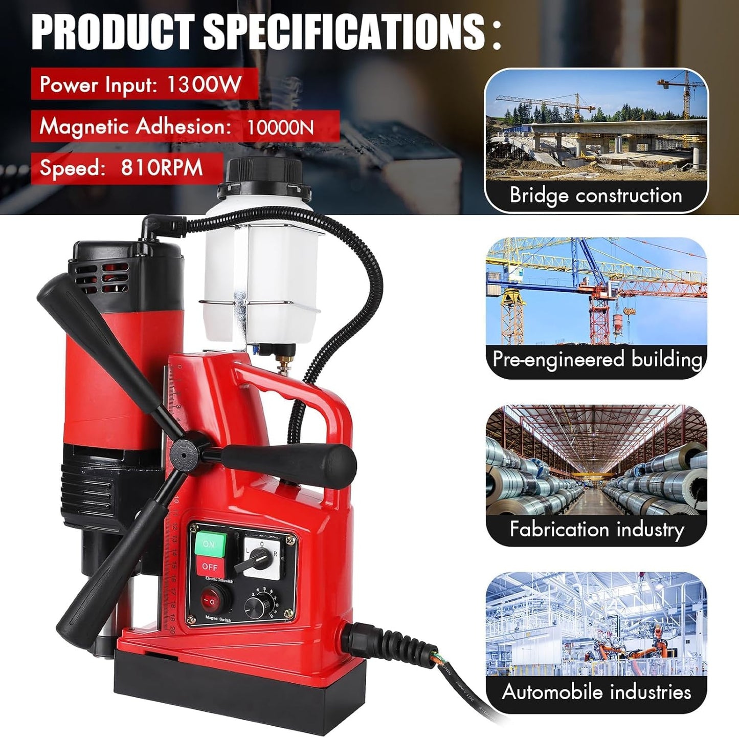 COZONY Magnetic Drill Press, 1300W 810RPM Portable Mag Drill Press, 1.6 Inch Boring Diameter, Double Track, Electric Drilling Machine with 11Pcs Drilling Bits,for Metal Surface, Industrial