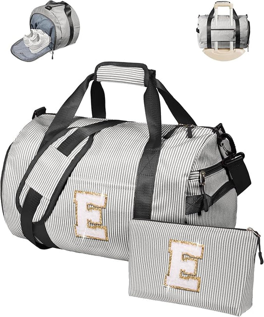 Teen Girl Gifts Trendy Stuff, Girl Gym Bag, Kids Monogram Overnight Duffel Bags with Shoe Compartment, Personalized Travel Bag with Makeup Pouch, Preppy Things for Daughter (Letter E)