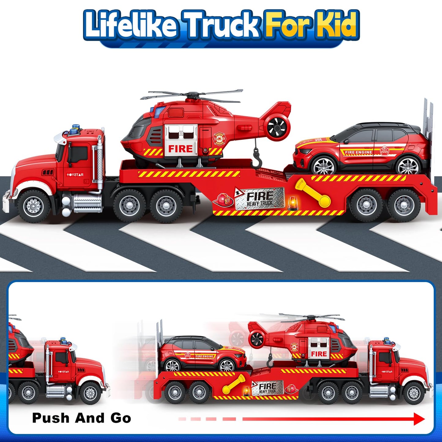 SpringFlower Extra Large Fire Truck Toys for Boys Girls with Racing Car and Helicopter, Lights, Sounds, Semi Truck Vehicle Toy for Toddlers 3 4 5 6 7, Christmas Birthday Gift
