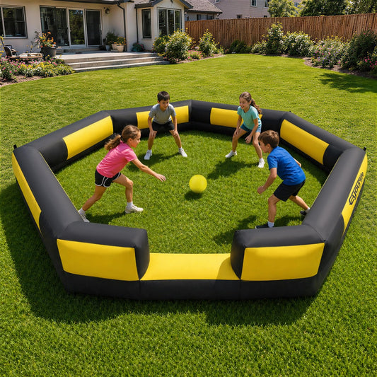Inflatable Gaga Ball Pit- 7-Sided Arena with Built-in Blower, Unique Heptagon Design for Non-Stop Play, Portable for Backyard, Park & Family Games (Black&Yellow, 15FT)