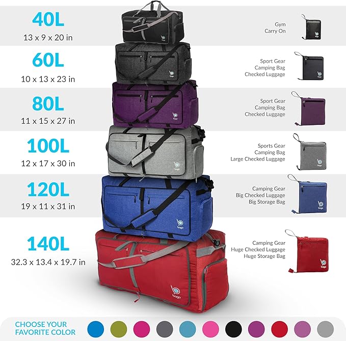 Bago Large Foldable Duffel Bags for Traveling Women & Men - 100L Packable Duffle Bag for Travel with Shoe Compartment - Water Repellant, Heavy Duty, Lightweight Folding & Collapsible (SnowDepPurple)