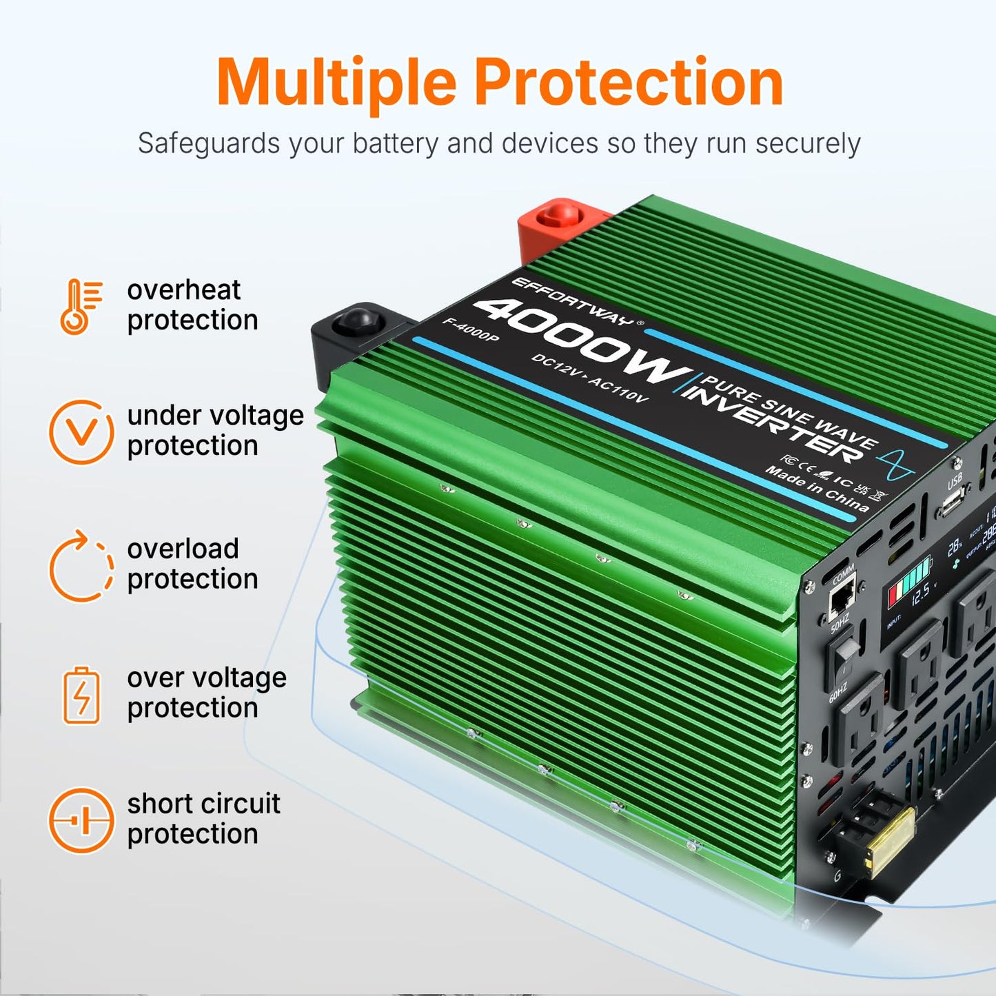 EFFORTWAY 4000W Power Inverter, 12V DC to 110V/120V Pure Sine Wave Inverter with 4 AC Outlets, USB Port, Hardwire Port, Remote Controller, Car Power Inverter for RV, Truck, Boat, Camping, Off-Grid
