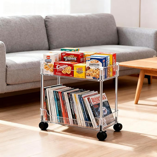 Betoveren 2 Tier Utility Rolling Cart Storage Organizer with Wheels Under Desk Mobile Bathroom Cart Organizer for Office Bathroom Home Kitchen Organization Transparent (Width 8.85 Inches)