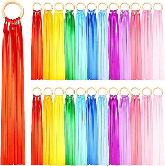 Junkin Ribbon Rings Hand Kite Waldorf Toys Dancing Wrist Ribbons Rainbow Streamers with Wood Ring Sensory Learning Educational Toy for Playroom Dancing Birthday Party Gift(Solid Color,24 Pcs)