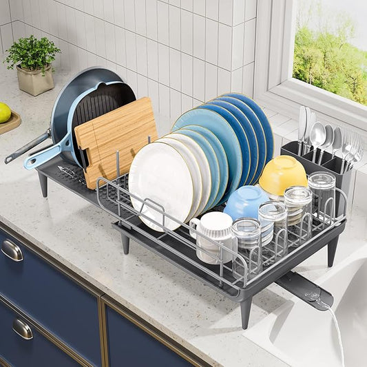 TOOLF Large Dish Drying Rack, Expandable Dish Rack for Kitchen Counter, Multifunctional Dish Drainer, Organization and Storage Essentials with Cup & Cutlery Holders, 16.7"-26.8" L x 12.6" W, Gray