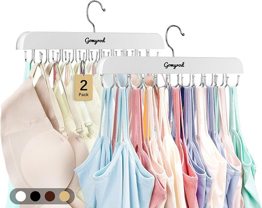 Gomyrod Bra Hanger for Closet, 2 Pack Tank Top Hanger w/20 Hooks Capacity Foldable Wood Space Saving Hangers, 360°Rotating Closet Organizers and Storage for Dorm & Apartment for Bra Scarf Ties(White)
