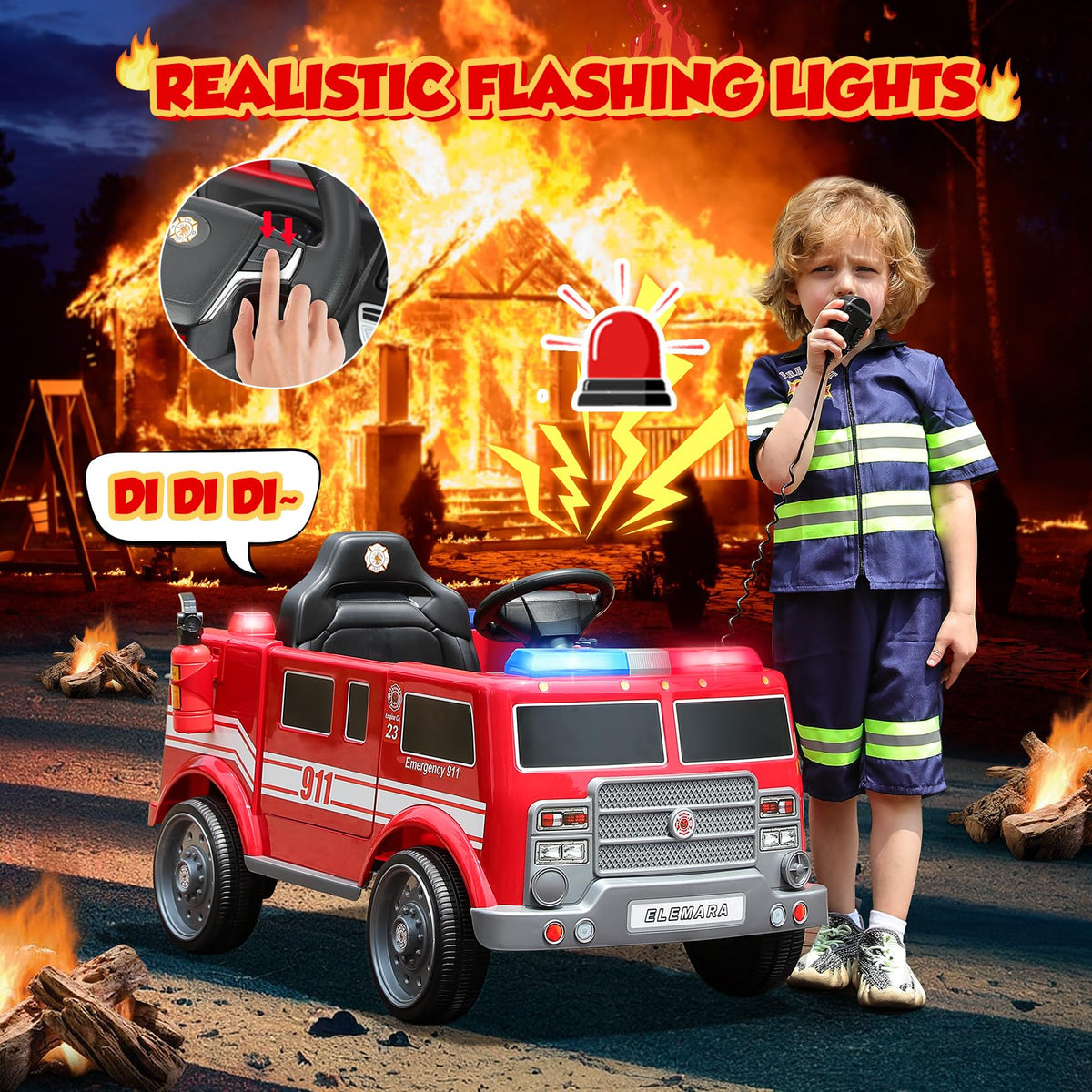 ELEMARA 12V Ride on Fire Truck, Battery Powered Toddler Electric Vehicle w/Parent Remote Control,Ride on Car for Kids,Siren-Call,walkie-talkies, Flashing Lights,Fire Extinguishers, Bluetooth,Music,UBS