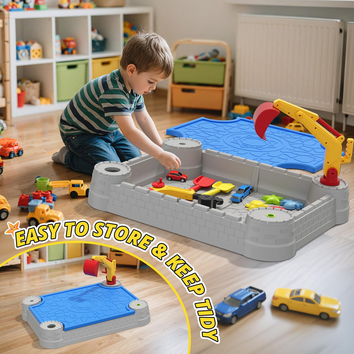 HYES Sandbox with Lid, Digger Excavator Plastic Sand Box with Cover, Play Sand Pit with Construction Toys/Umbrella/Beach Playset for Toddlers 1-3, Indoor Outdoor Sensory Gift for Kids Ages 4-8