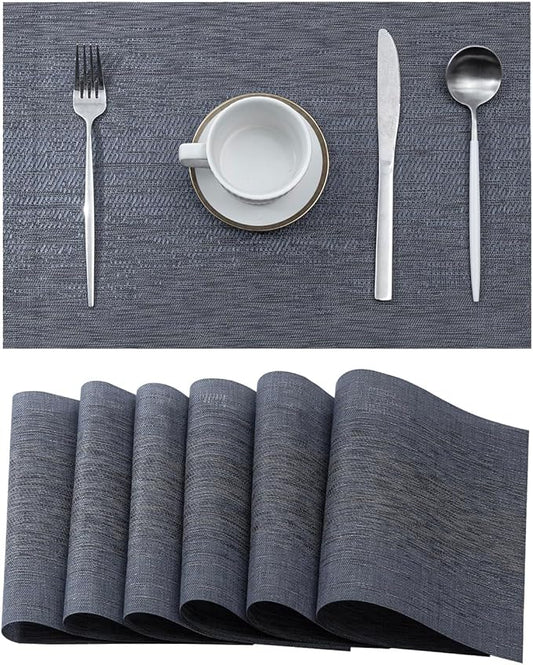 Leetaltree Denim Blue Placemats Set of 6 - Heat Resistant Non-Slip Place mats for Dining Table, Washable Durable PVC Vinyl Woven Table Matsï¼Denim Blue, 6ï¼