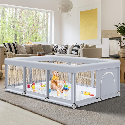 Fshibila 74" ×50" Large Baby Playpen, Baby Playard for Babies and Toddlers, Baby Fence Play Pens for Indoor & Outdoor, Sturdy Safety Play Yard with Soft Breathable Mesh, Anti-Fall, Grey