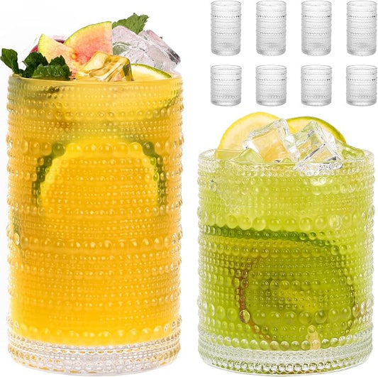 Moretoes 8 Pack Hobnail Drinking Glasses Set, 12 Oz Highball Glasses & 10 Oz Cocktail Glasses, Clear Embossed Water Glass Cups Kitchen Bar Tumbler Glassware Set for Whiskey, Beer, Juice, Milk