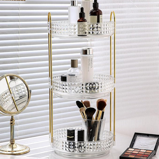 Fangoo 3 Tiers Clear Rotating Makeup Organizer for Vanity, 360 Spinning Skincare Organizers for Dresser Perfume Organizer Large Skincare Make up Storage Cosmetic Organizer for Bathroom Countertop