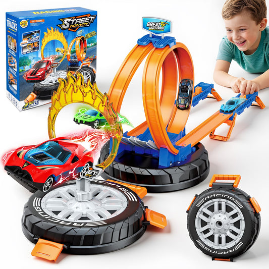 2026 Race Car Track Set Toy for Kids, Stunt Racing Playset with 360°Loop Car Track with Four 1:64 Scale Vehicles Gift Toys for Boys Girls Ages 3 4 5 6 7 8 (Standard)