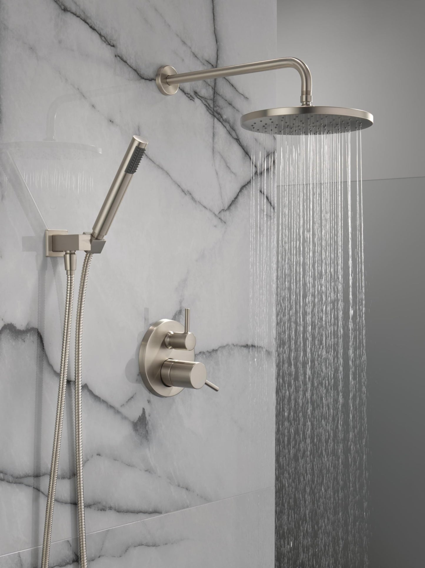 Delta Modern 14 Series Round Rain Shower System Faucet Set, Rainfall Brushed Nickel Shower Head and Handle Set, Valve Trim Kit, 10 Inch, Spotshield Stainless 342702-SP