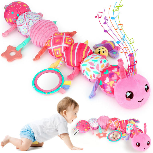 Baby Girls Toys 6-12 Months - Infant 6-in-1 Sensory Music Animal Stuffed Caterpillar Toy with Rattle & Mirror Crinkle for Tummy Time, Newborn 0 3 6 9 12 18 Shower Gifts Soothing Companion Toys, Pink
