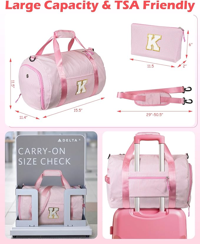 Cool Stuff for Teen Girls, Girl Gym Bag, Kids Initial Overnight Duffel Bags with Shoe Compartment, Personalized Travel Bag with Makeup Pouch, Pink Gift for Daughter Sister Niece (Letter H)