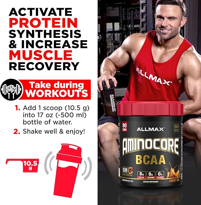 ALLMAX Nutrition AMINOCORE BCAA Powder, 8.18 Grams of Amino Acids, Intra and Post Workout Recovery Drink, Gluten Free, Sweet Tea, 315 g