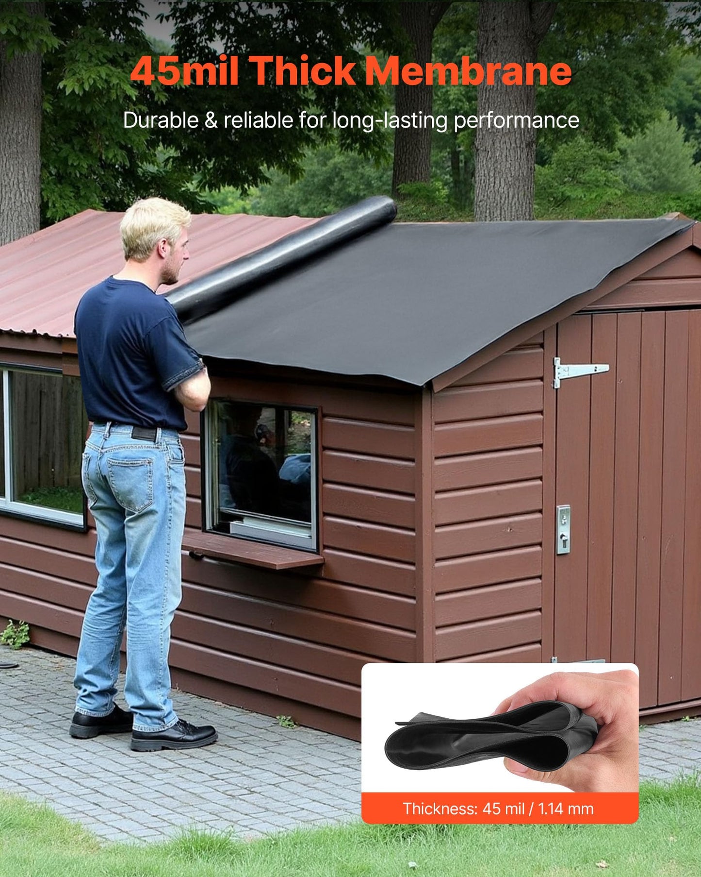 VEVOR Roll Roofing, 15 x 15 ft, 45 mil EPDM Rubber Roofing, Long Lifespan & Weather-Resistant, Withstands Harsh Temperatures, Flexible & Easy Installation, Roof Underlayment for RVs, Roofs, Ponds