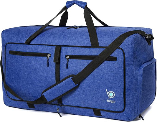 Bago Foldable Duffel Bags for Traveling Women & Men - 60L Medium Packable Duffle Bag for Travel with Shoe Compartment - Water Repellant, Heavy Duty, Lightweight Folding & Collapsible (SnowDepBlue)