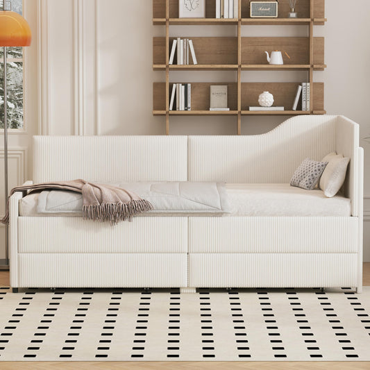 Ball & Cast Twin Size Upholstered Daybed with 2 Storage Drawers,Corduroy Bedframe w/Slat Support, Corner Sofa Bed for Bedroom, Guestroom,No Box Spring Needed,Beige