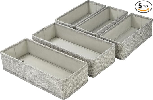 Drawer Organizer, 5-Piece Rigid Fabric Bins for Kitchen | Ideal for kitchen, bathroom, cosmetics, utensils, silverware, and gallon, quart, sandwich & snack bags