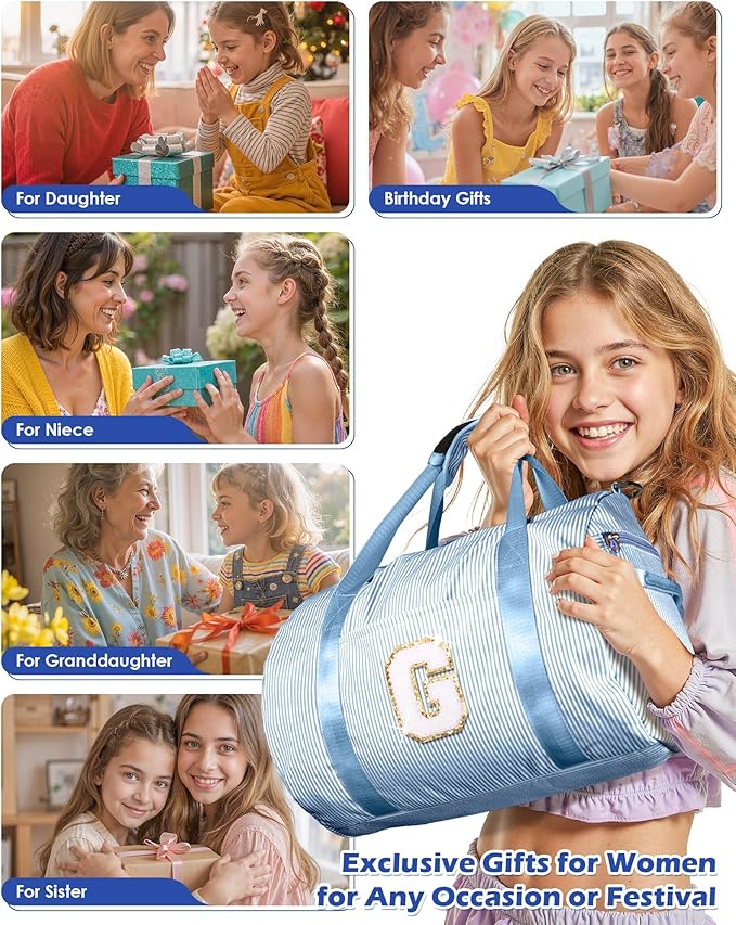Fashionable Gifts for Teens Girl, Girl Gym Bag, Kids Initial Overnight Duffel Bags with Shoe Compartment, Personalized Travel Bag with Makeup Pouch, Gift for Niece Sister (Letter T)