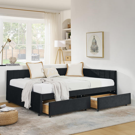 Ball & Cast Full Size Daybed with Two Storage Drawers,Velvet Upholstered Day Bed Frame with Channel Tufted Backrest & Armrest,Wood Slats Support,No Box Spring Needed,for Bedroom Guestroom,Black
