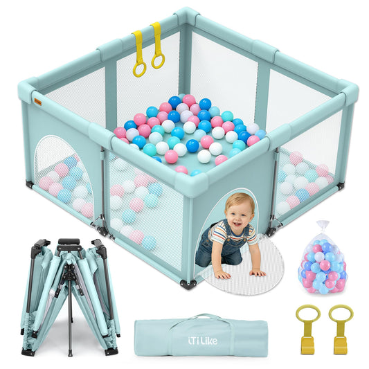 Foldable Baby Playpen 50x50inch, iTiLike Playpen for Babies and Toddlers with 50 PCS Ocean Balls & 2 Handles, Indoor & Outdoor Kids Safety Play Pen Area, Portable Travel Play Yard,Mint Green