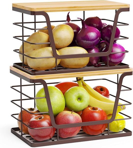 ALOCEO 2 Pack Stackable Wire Storage Basket with Bamboo Lid, Trash Bag Dispenser Under Sink for 4-13 Gal Bags, Kitchen Storage Bins for Potato and Onion, Brown