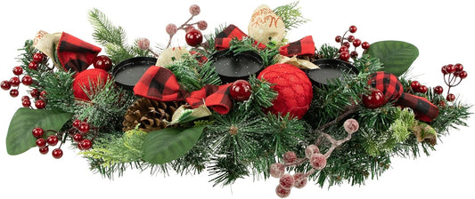 Northlight Pine Triple Candle Holder - Festive Bows & Plaid Ornaments | 30" Green Decor