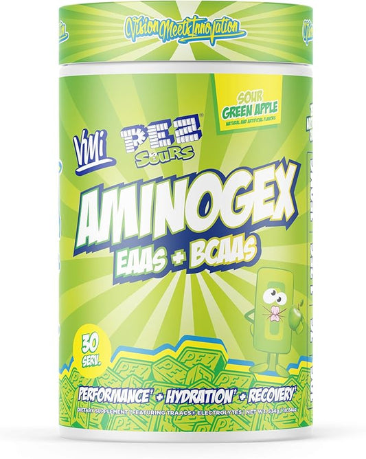 VMI Sports Aminogex Ultra | EAA + BCAA Powder | Amino Acid + Hydration Recovery Drink with Electrolytes, Betaine and Glutamine | (30 Servings) (PEZ Sour Green Apple)