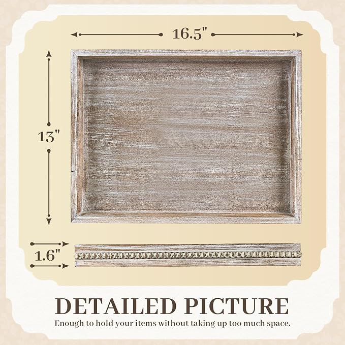 Wooden Decorative Tray, Rectangular Serving Tray with Wood Bead, Farmhouse Big Tray for Ottoman, Countertop, Coffee Tabl, 16.5" x 13"x 1.6" (White Washed)