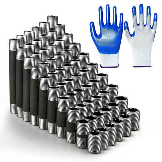 66Pcs 3/4 Inch Black Pipe Assortment, Heavy-Duty Malleable Threaded Nipples with Work Gloves for DIY Industrial Pipes Vintage Shelving Projects, 6 Each of 1 to 6 Inch Iron Galvanized Pipe